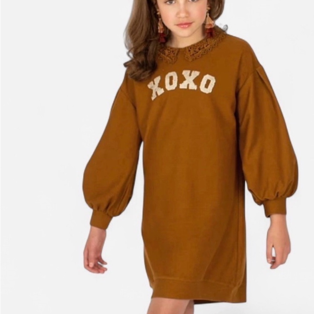 Joyfolie Girls' XOXO Lace-Collar Sweatshirt Dress - Caramel Brown